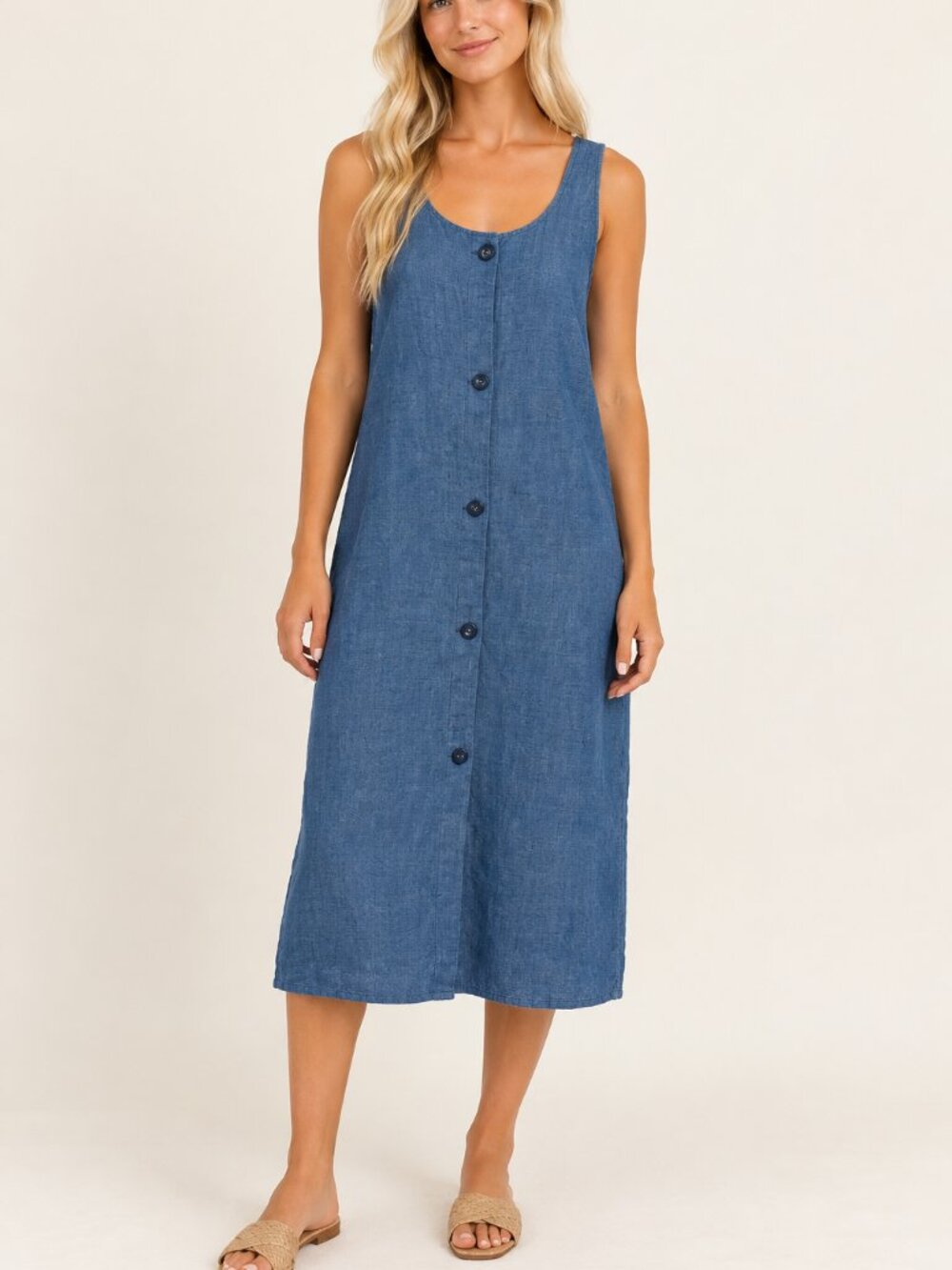 Flax Blue Chambray Linen Button-Front Sleeveless Midi Dress Medium 50403